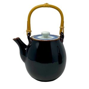 Beautiful Porcelain Black Teapot with Hand Crafted Bamboo Handle.